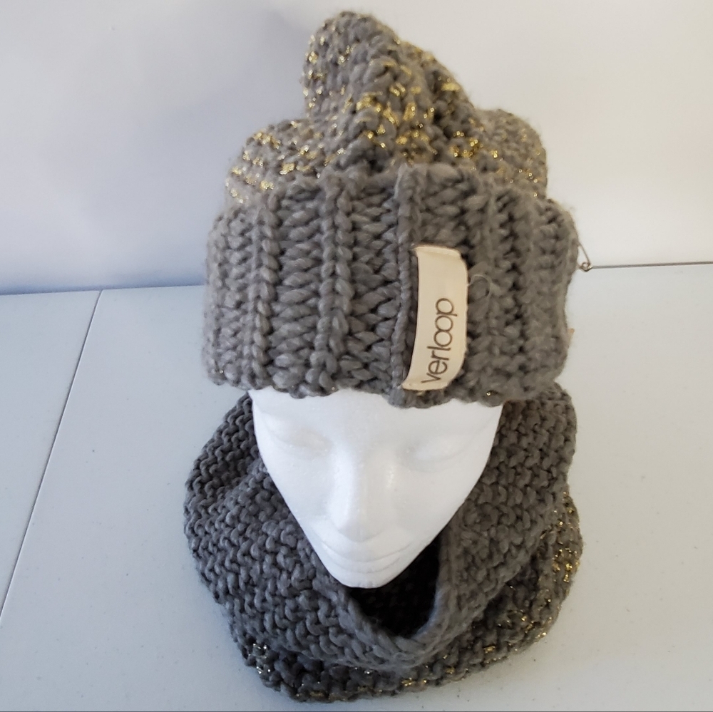 Verloop Knit Hat and Neck Scarf Set Gray and Metallic Slouchy Skull Cap Cowl
